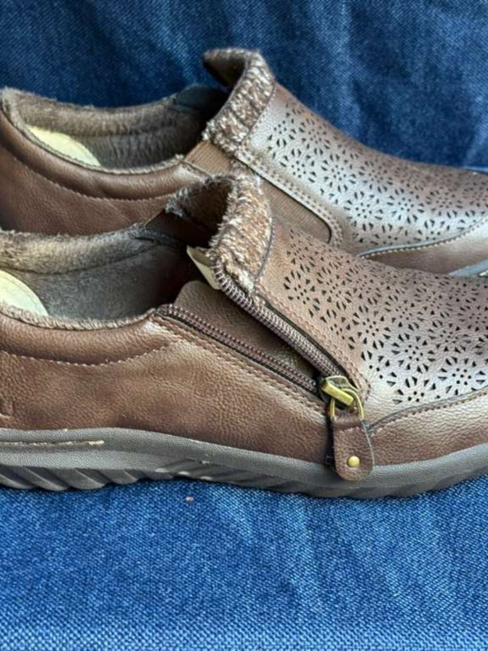 Size 8.5 - JBU by Jambu Amber Brown Laser Cut Faux Fur Slip On Shoes